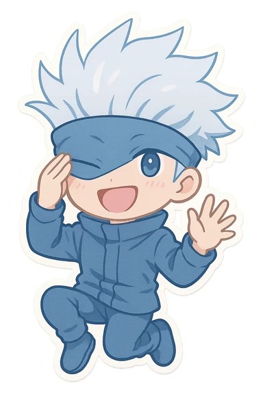 Satoru Gojo, chibi version, oversized head, playful pose, blue and white color scheme sticker