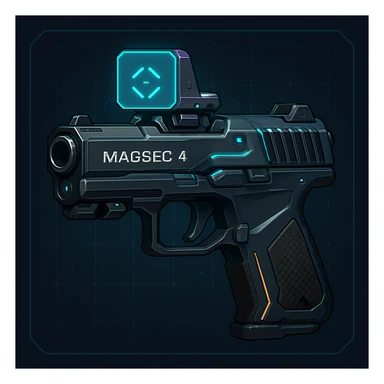 the image is the icon for a videogame  item. futuristic cyberpunk -ready to equip- it is master craftsmanship [ unequipped item ]
It is a magsec4 pistol with a mini-holo - neatly staged 3/4 profile view - orthographic horizontal perspective sticker