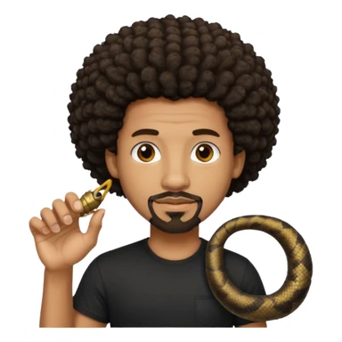 Homme noir, yeux marron avec un bouc sans la moustache, cheveux court et bouclé crépus avec un dégradé sur le côté, avec un cobra à côté , t-shirt noir  sticker