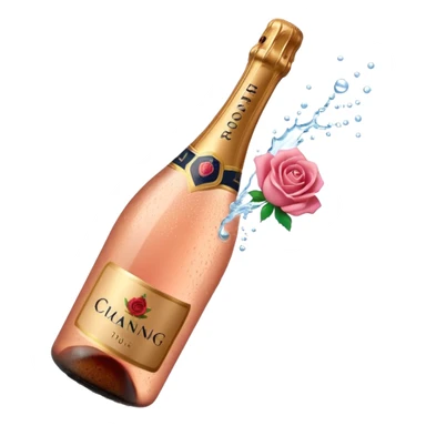 bottle of sparkling rosé champagne with a rose logo on the label, with the cork popping out, tilted up and to the left, no glass sticker
