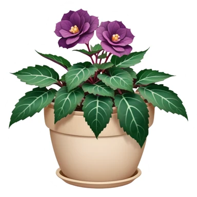 Begonia Rex with dark green leaves, purple edges, white spots in the middle, and prominent spiral centers where leaves grow from, in a beige pot sticker