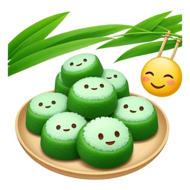 Qingming Festival green rice balls Qingtuan with sweet filling, simplified emoji style with bold outlines and bright colors, cartoon style green mochi-like dessert sticker