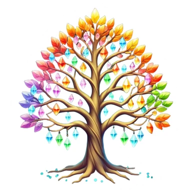 Spiritual magical ethereal colorful tree with crystals hanging in it sticker