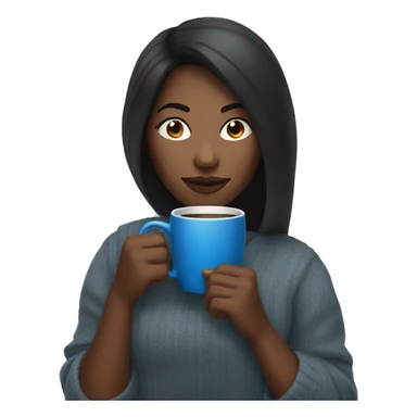 black woman, straight hair, holding blue mug of coffee with a cozy expression sticker