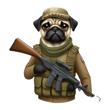 A pug in a war outfit with a AK-47 sticker