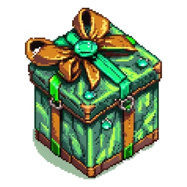 voxel-style floating gift box with rustic brown sides, lighter clay streaks, neon-green turf lid spilling over, emerald gemstone-edged ribbon wrapping box, bow shaped like binoculars, soft ambient glows and deep shadows, rich violet backdrop, cinematic mysterious effect sticker