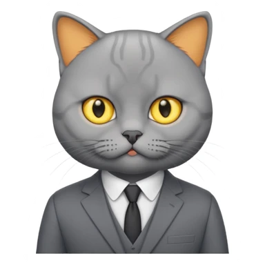 British Shorthair with yellow eyes wears gray suit attends a press conference. sticker
