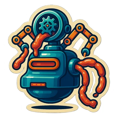 sausage-processing droid. retro-futuristic style. top is a large circular industrial grinder rotating gears and blades. Two robotic arms feed material into grinder. Sausage links extrude from the rear like  factory. The body is metallic, compact, and floats above the ground.no legs. Dark humor sticker