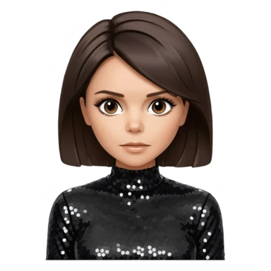 Victoria Beckham from Spice Girls with medium dark brown hair, black sequin outfit sticker