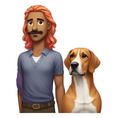white male with long rainbow colored hair and curled mustache standing alongside a brown rhodesian ridgeback dog sticker