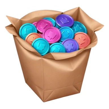 coins in gradient of turquoise, blue, pink, purple, and coral color inside a brown bag sticker