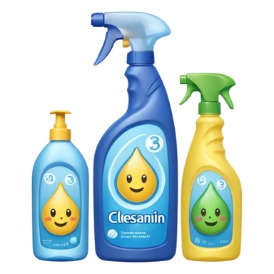 three assorted cleaning bottles: one spray bottle blue, one detergent bottle with handle green, one squeezable bottle with flip-top cap yellow, simple silhouette, no branding, side by side, soft lighting, subtle shadows, emoji scale sticker