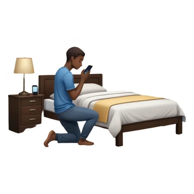 A Gen Z young person kneeling beside bed in bedroom at night praying, smartphone on nightstand, wearing casual clothes, dim lighting, posters on wall sticker