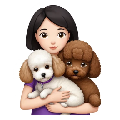 Woman with short black straight hair hugging a brown poodle and a white bichon frise sticker