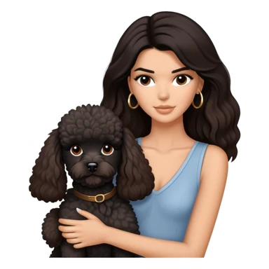 Kendall Jenner with long dark hair holding a brown poodle and a black schnauzer sticker