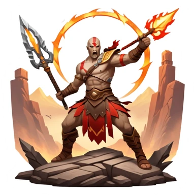 An icon showing a powerful warrior wielding a weapon, ready for battle, inspired by God of War: Ragnarok. The design features a fiery, war-torn landscape with broken statues and lightning in the sky, symbolizing epic combat. Transparent background highlights the action. sticker