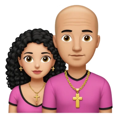 A picture if a couple. the man is a Mexican man with tanned skin, black hair, a bald hair cut, short boxed beard, and wearing a black shirt. the woman is mixed with black and white, with curly long hair, a gold cross necklace, wearing a pink shirt and with big boobs sticker