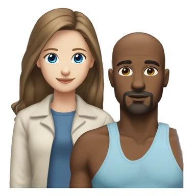 teenage girl long brown hair blue eyes with bald black man with brown eyes and a goatee sticker