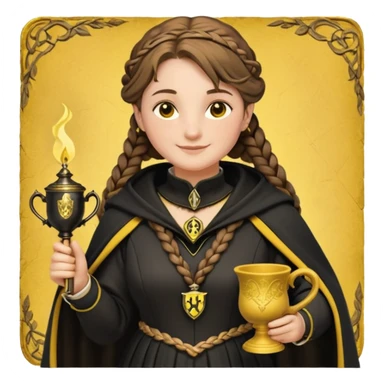 Helga Hufflepuff,the Hogwarts founder of Hufflepuff,brown-haired,2braids,yellow-black medieval dress with black cloak decorated with gold braiding,flickering magic wand and tiny two-handled shiny gold cup engraved with the badger silhouette,very kind smile,curvy busty sweet sticker