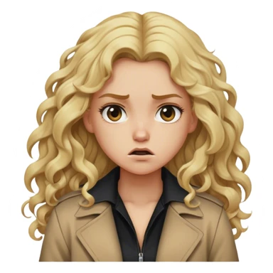 blonde girl long curley hair black shirt long tan jacket mad sticker