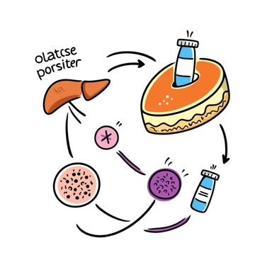 Anti-diabetic treatment diagram: orange liver, pink muscle cells, and yellow fat cells responding to blue anti-diabetic medication, with purple insulin pathways activated. Hand-drawn cross-section showing cellular absorption of red glucose particles and balanced blood sugar levels. sticker