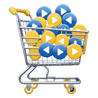 shopping cart filled with round play button icons, only in #DEEB52 and #102C3D, no red sticker