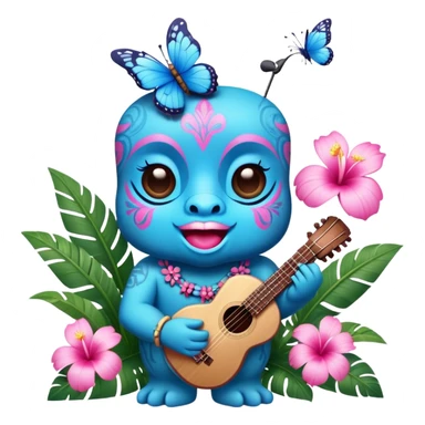 Pixar style little Blue and pink tiki singing with a butterfly and tropical flowers, ultra detailed and lifelike imagery, realistic sticker