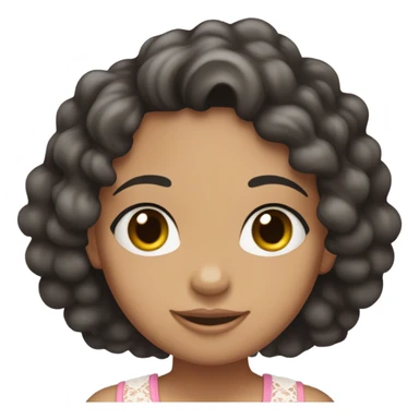 make a teenage girl emoji, mixed race, tan girl, dark grey almost black eye colour, long hair dark brown curls. Wearing a lace trim baby pink tank top with a small bow on shirt. One girl sticker