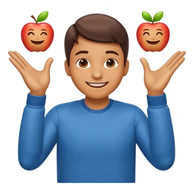 emoji of a cheerful cartoon person pointing down at the ground with both hands — standing straight, smiling confidently, arms bent and both index fingers extended downward — simple background, bright lighting, clean expressive Apple emoji design, playful and clear “here” meaning sticker