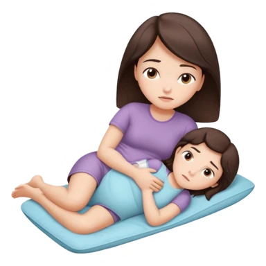  a brunette girl lying down on her side, holding a warm heating pad against her lower belly. She's uncomfortable and sad, her posture should show she’s having menstrual cramps. Use simple lines, rounded shapes, soft colors, and a clean emoji aesthetic. Make it expressive but still adorable sticker