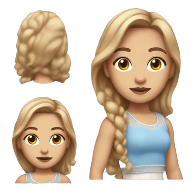 Girl with light brown hair with blond tips, hazel eyes, blue-pink crop top, white skirt sticker