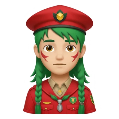 scout boy long hair face tatooes green haired, wearing red uniform with hat sticker