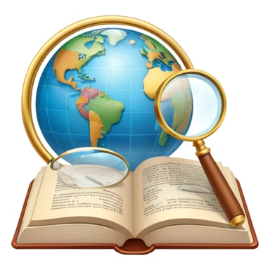 An icon featuring an open book, a speech bubble, and a magnifying glass, symbolizing philology and linguistics. The design includes language symbols, a globe, and alphabet letters, representing the study of languages and their structures. Transparent background  sticker
