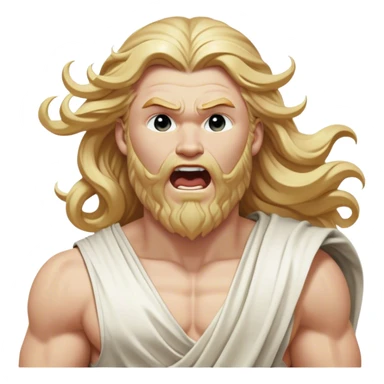 Cinematic Realistic Thor Portrait, head tilted slightly with a dramatic, wide-open yawn, revealing a moment of unguarded human vulnerability amidst his divine stature. His fair, luminous skin and elegantly styled, wavy golden hair maintain their sculptural perfection even in repose. Dressed in a flowing white toga with understated golden accents, the portrait is bathed in soft natural light, capturing a rare glimpse of relaxed, timeless strength from a Greek god reborn. sticker