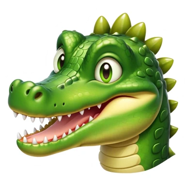 Cinematic Realistic Cute Crocodile Portrait Emoji, Head tilted playfully and inquisitively, featuring a robust, well-defined build with intricately detailed, glossy olive-green scales and a surprisingly endearing face with round, sparkling eyes full of unexpected charm, rendered with lifelike texture and natural highlights, high shine, affectionate and spirited, styled with a touch of wild whimsy, soft glowing outline, capturing the essence of a mischievous yet lovable crocodile that seems poised to snap playfully out of the screen into your arms! sticker