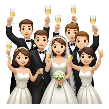 Wedding party raising joints for a celebratory toast, colorful wedding group with bride and groom at the center, cheerful cartoon style sticker