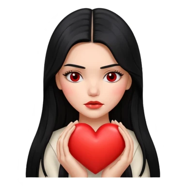 A Kendall Jenner with long black hair is sad and holds a red heart in her hands sticker