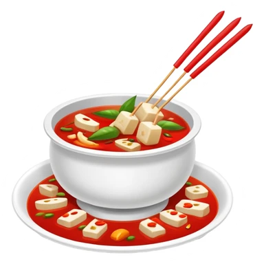 Spicy Hot Pot Skewers Malatang with various ingredients in red broth, simplified emoji style with bold outlines and bright colors, cartoon style Chinese street food bowl sticker