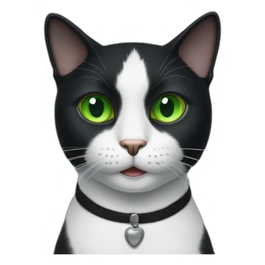 A black cat with green eyes with a white mustache, a white stripe on its nose, a full-length white breast and white paws sticker
