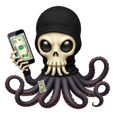 satanic octopus skeleton with scary evil eyes, wearing a black balaclava. 1 tentacle is holding a cellphone, 1 tentacle is holding a bone, 1 tentacle is holding a stack of cash. sticker