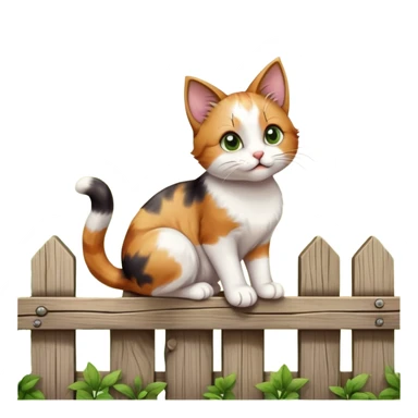 A playful cat sitting on a wooden fence, tail swishing, ears perked up, with a curious expression, surrounded by soft sunlight and a few green leaves in the background. sticker