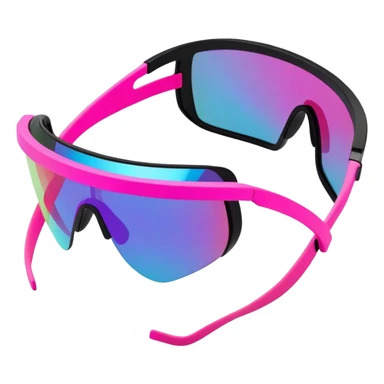 sporty neon pink shield visor sunglasses with thick black frame and integrated elastic strap, oversized one-piece mirrored lens, extremely durable design sticker