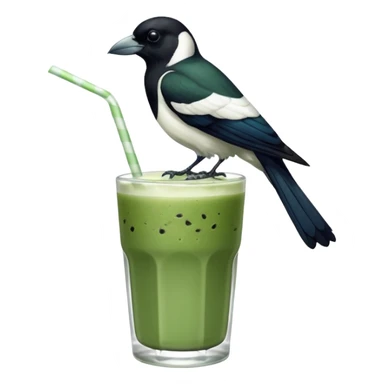 It’s an Australien Magpie sitting on an iced matcha latte on the edge of the glass. It has green matcha on its beak indicating it drank. The iced matxha latte is in a see through glass and white from the oat milk on the bottom and green on top…and there is a straw in the drink and ice cubes sticker