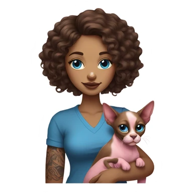 Beautiful tattooed curly dark brown haired woman holding a boxer dog and  pink sphinx cat with blue eyes sticker