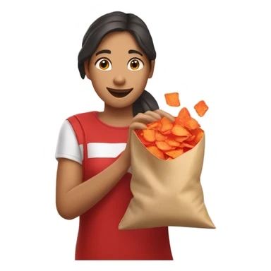 A girl reaching her right hand into a bag of red crisps sticker