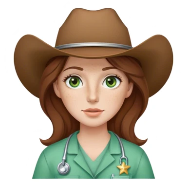 Pale Woman with brown hair and green eyes and freckles on her cheek bones wearing scrubs and a cow girl hat sticker