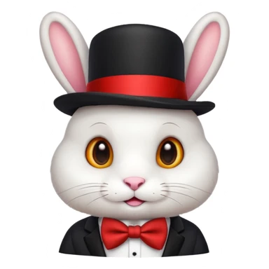 Cute emoji-style white bunny wearing a black top hat with a red band and a red bow tie, big round eyes, fluffy fur, clean mascot style, centered, transparent background, 1:1 ratio. sticker