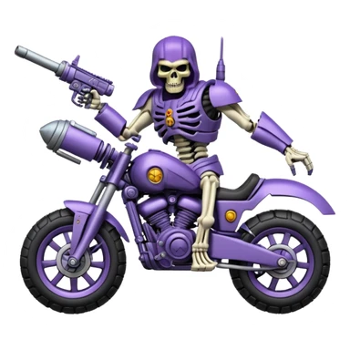  Four wheel skull-headed tank mech motorcycle with mechanical arms with guns, skeletor , active suspension , aggressive expression, shiny metal with minimal color accents, preserve all proportions, pose, and details sticker
