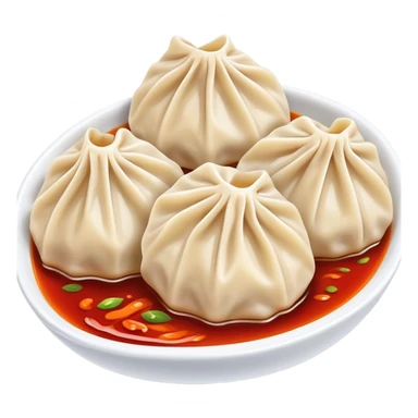 Chengdu Zhong dumplings with red oil sauce, simplified emoji style with bold outlines and bright colors, cartoon style Sichuan spicy water dumplings sticker