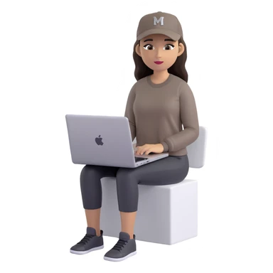 A professional 3D avatar of a young woman with olive skin and long, dark brown hair, wearing a dark, long-sleeved dark taupe shirt and a black baseball cap. She's sitting at a sleek wooden desk, typing on a silver MacBook. sticker